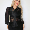 SXY Blusa De Encaje Con Inserto De Malla Para Mujer