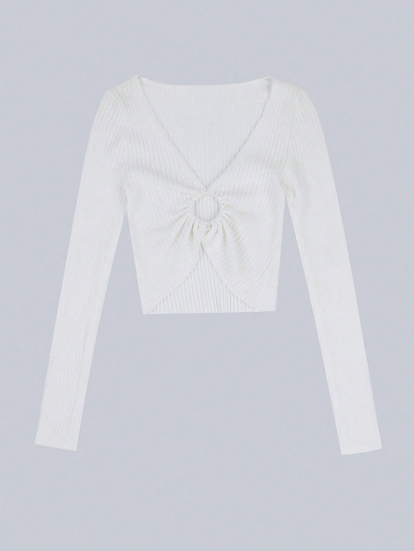 EZwear Sueter Con Dobladillo Irregular Y Detalle Circular Con Cuello En V Para Mujer