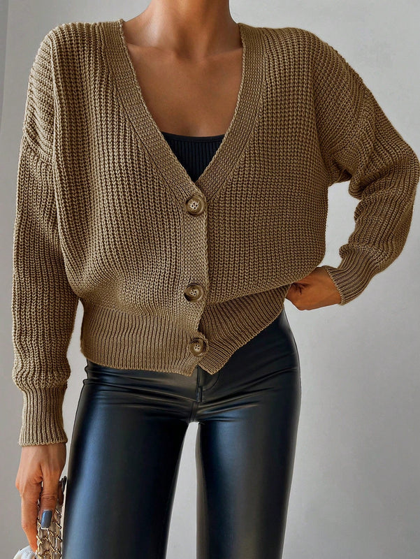 Cardigan casual de un solo botonadura de mangas largas y hombros caidos de unicolor para mujer, otono/invierno