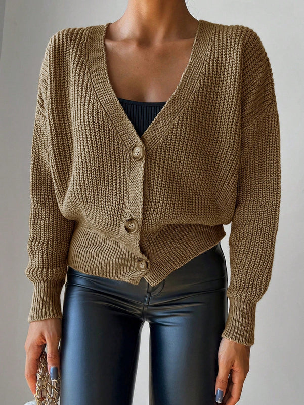 Cardigan casual de un solo botonadura de mangas largas y hombros caidos de unicolor para mujer, otono/invierno