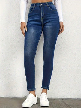 Pantalones casuales estilo americano de mujer con efecto desgastado y bolsillos