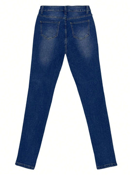 Pantalones casuales estilo americano de mujer con efecto desgastado y bolsillos