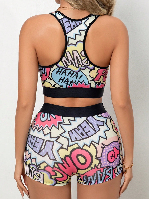 Conjunto De Lenceria Para Mujer Con Letra Impresa En Todo El Conjunto Y En Colores Llamativos