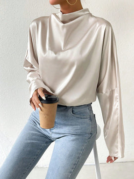 Prive Camisa De Manga Larga De Saten Con Cuello Corto Y Sin Espalda