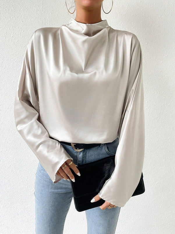 Prive Camisa De Manga Larga De Saten Con Cuello Corto Y Sin Espalda