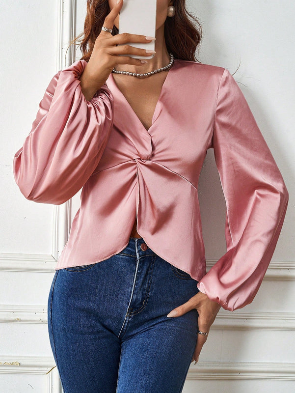 Clasi Camisa De Manga De Farol Retorcida Para Mujeres