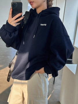Dazy sudadera larga con capucha, holgada, con cordon y estampado de eslogan casual para mujer, otono