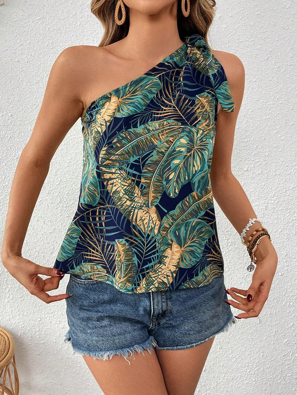 Camisa De Hombro Frio Con Estampado De Hojas Para Mujer