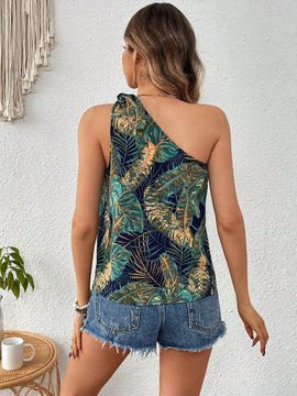 VCAY Camisa De Hombro Frio Con Estampado De Hojas Para Mujer