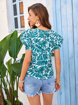 VCAY Camisa De Manga Abullonada Con Estampado Tropical Para Mujer Para Vacaciones