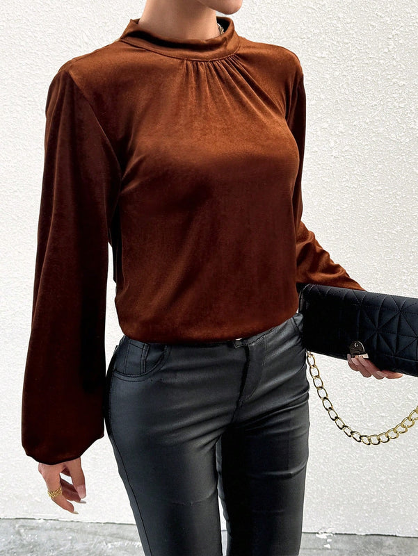 Prive Blusa De Manga Larga Con Manga De Farol Y Espalda Abierta En Color Solido Para Mujer