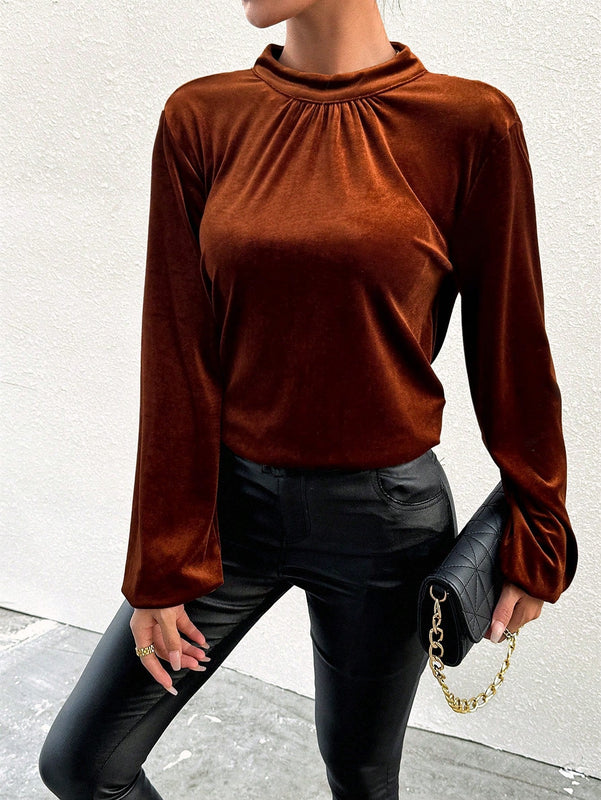 Prive Blusa De Manga Larga Con Manga De Farol Y Espalda Abierta En Color Solido Para Mujer