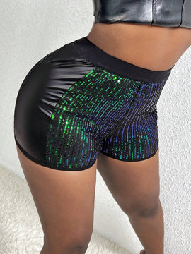 Slayr Pantalones Cortos De Talle Alto Con Patchwork Brillante Para Mujer