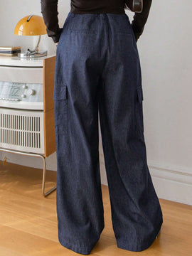 Dazy-Less Pantalones De Jean De Pierna Ancha Con Cordon En La Cintura Y Bolsillos Cargo