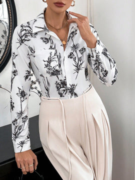 Prive Camisa Color Block En Blanco Y Negro Con Estampado Floral Y Rayas Y Bolsillo