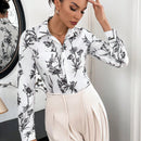 Prive Camisa Color Block En Blanco Y Negro Con Estampado Floral Y Rayas Y Bolsillo