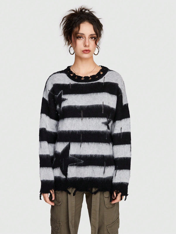 ROMWE Grunge Punk Sueter De Mujer A Rayas Con Estampado De Estrellas