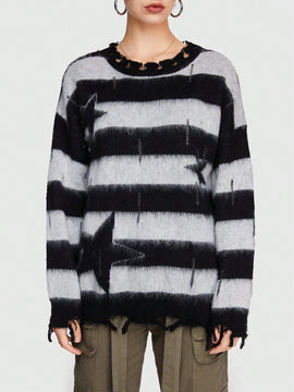 ROMWE Grunge Punk Sueter De Mujer A Rayas Con Estampado De Estrellas