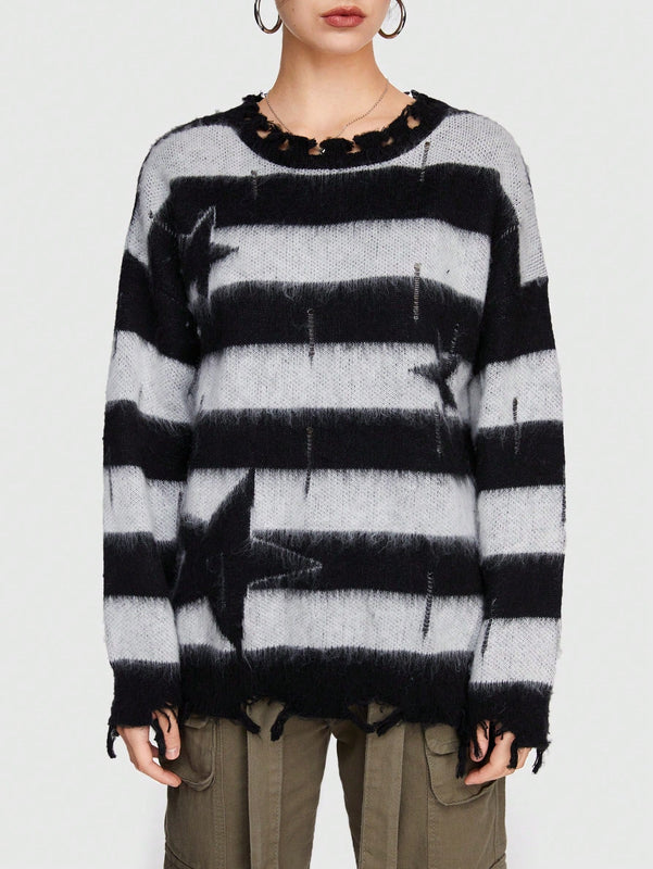 ROMWE Grunge Punk Sueter De Mujer A Rayas Con Estampado De Estrellas