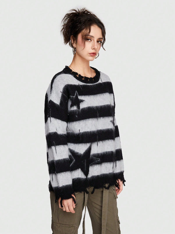 ROMWE Grunge Punk Sueter De Mujer A Rayas Con Estampado De Estrellas