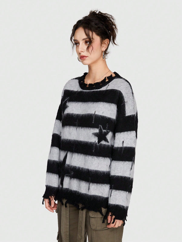 ROMWE Grunge Punk Sueter De Mujer A Rayas Con Estampado De Estrellas