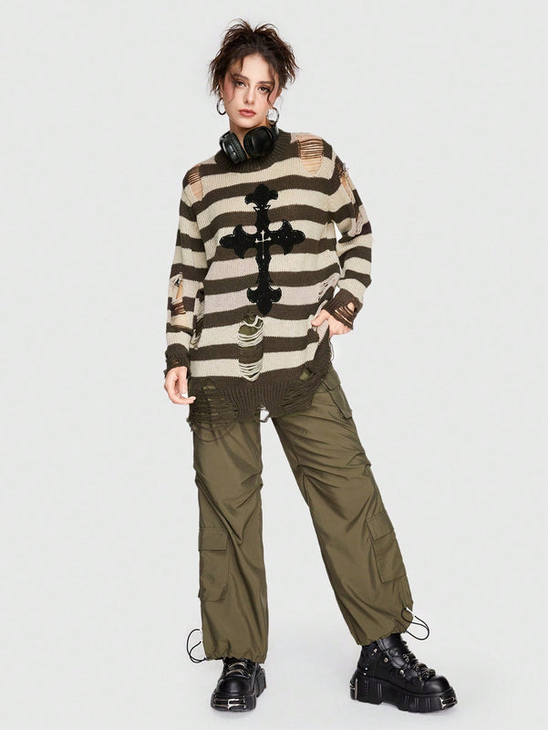 ROMWE Grunge Punk Sueter De Cuello Redondo Para Mujer Con Estampado A Rayas Y Cruzado Desgastado