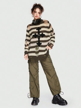 ROMWE Grunge Punk Sueter De Cuello Redondo Para Mujer Con Estampado A Rayas Y Cruzado Desgastado