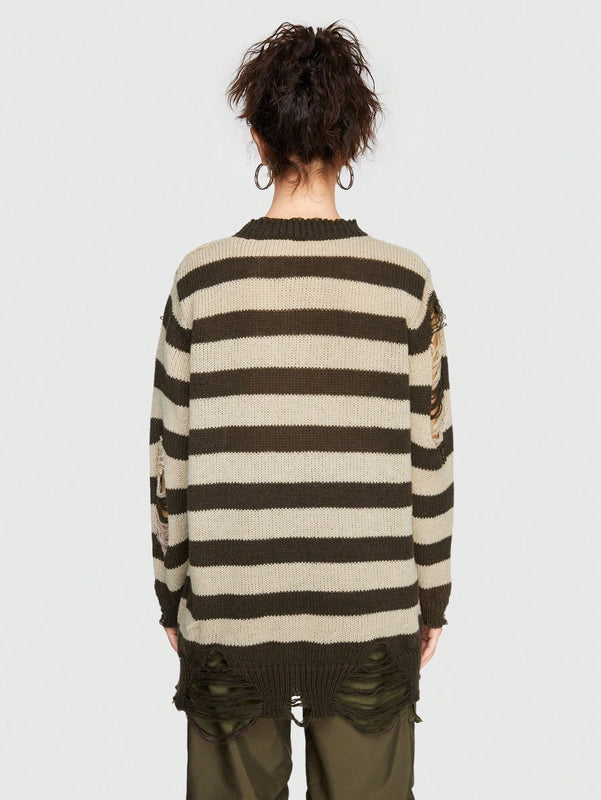 ROMWE Grunge Punk Sueter De Cuello Redondo Para Mujer Con Estampado A Rayas Y Cruzado Desgastado
