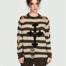 ROMWE Grunge Punk Sueter De Cuello Redondo Para Mujer Con Estampado A Rayas Y Cruzado Desgastado