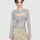 ROMWE Grunge Punk Sueter De Mujer Informal, Sexy Y Ajustado Con Diseno De Agujeros Y Rasgaduras Dobles Con Un Ajuste Cenido Y Elastico