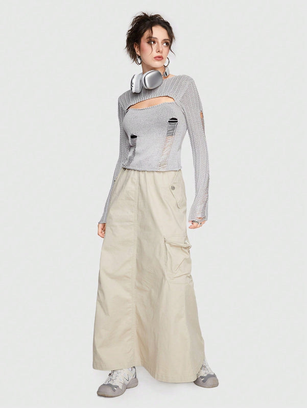ROMWE Grunge Punk Sueter De Mujer Informal, Sexy Y Ajustado Con Diseno De Agujeros Y Rasgaduras Dobles Con Un Ajuste Cenido Y Elastico