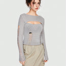 ROMWE Grunge Punk Sueter De Mujer Informal, Sexy Y Ajustado Con Diseno De Agujeros Y Rasgaduras Dobles Con Un Ajuste Cenido Y Elastico