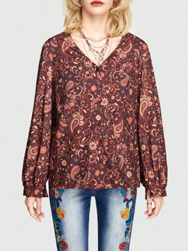 ROMWE Hippie Camisa De Manga Larga Para Mujer Con Estampado De Patron De Cachemira