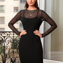 Vestido ajustado con lentejuela en contraste de manga farol