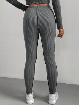 Pantalones Pitillo De Punto Acanalado De Cintura Alta