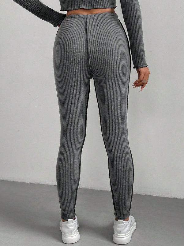 Pantalones Pitillo De Punto Acanalado De Cintura Alta