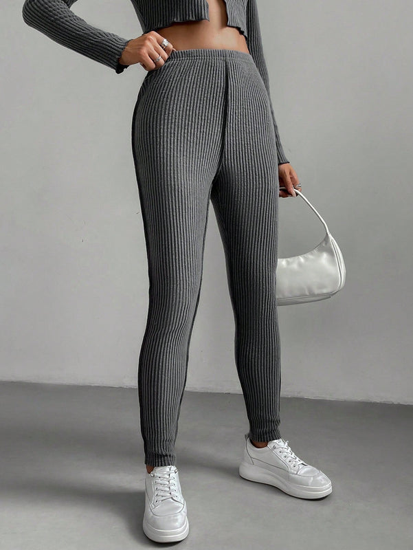 Pantalones Pitillo De Punto Acanalado De Cintura Alta
