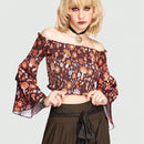 ROMWE Hippie Blusa Con Mangas Acampanadas Y Estampado De Setas Y Flores, Top Corto