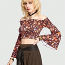 ROMWE Hippie Blusa Con Mangas Acampanadas Y Estampado De Setas Y Flores, Top Corto