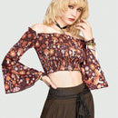 ROMWE Hippie Blusa Con Mangas Acampanadas Y Estampado De Setas Y Flores, Top Corto