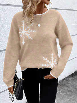 LUNE Sueter De Punto De Copo De Nieve Con Cuello Redondo De Color Caqui Para Mujer