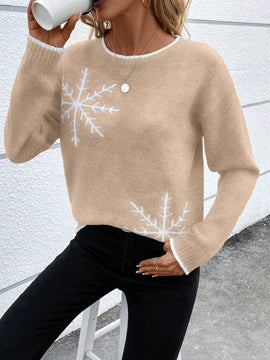 LUNE Sueter De Punto De Copo De Nieve Con Cuello Redondo De Color Caqui Para Mujer