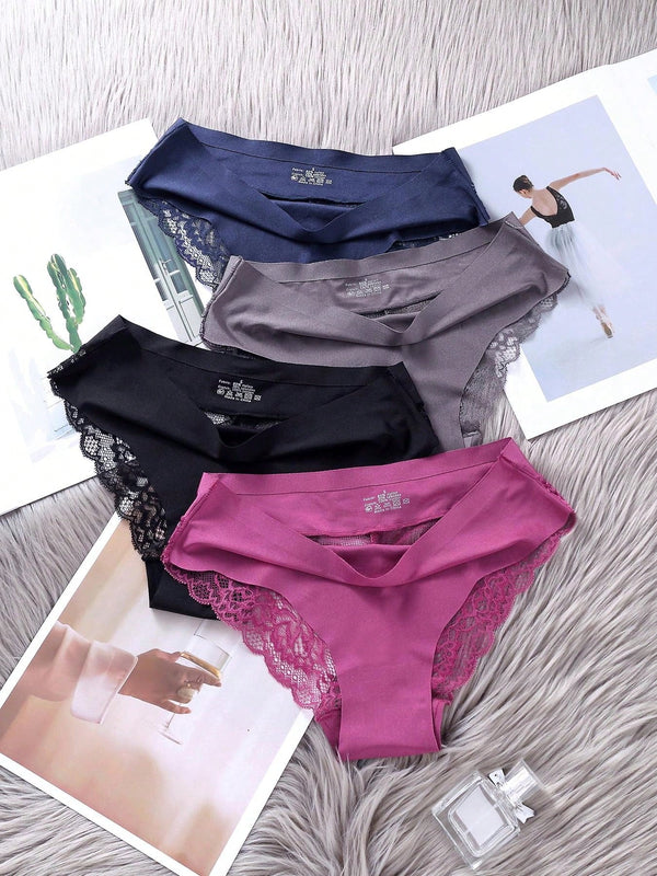 4 Piezas/set Bragas Triangulares Sin Costuras De Seda De Hielo Para Mujer, Con Elevacion De Gluteos Y Cintura Media Baja Transpirable
