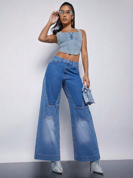 Pantalones Jeans De Pierna Ancha Con Efecto De Lavado