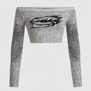 ROMWE Grunge Punk Jersey Ajustado De Encaje De Pestanas De Estilo Punk Para Mujer, Hombros Descubiertos Con Patron Jacquard Retro