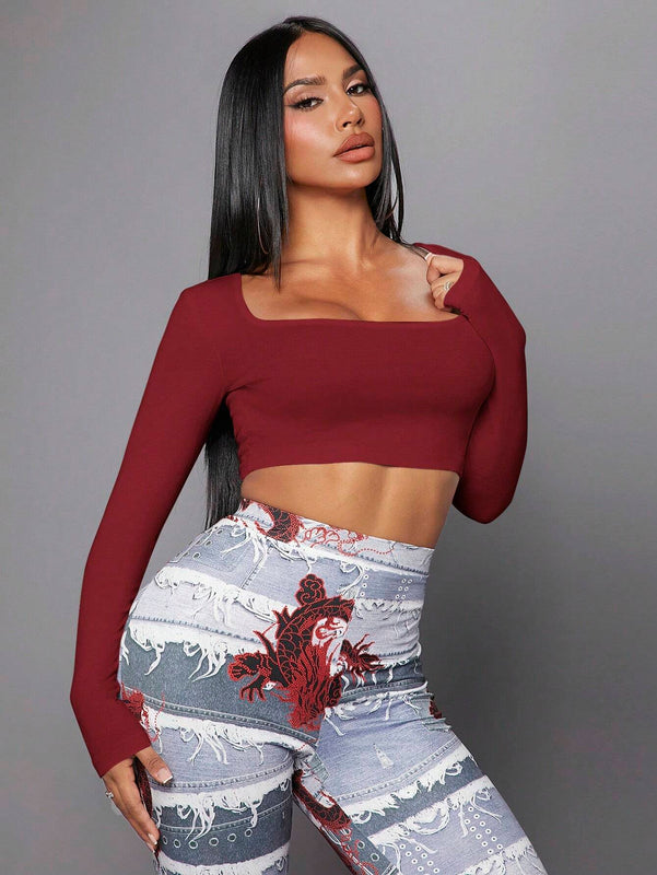 Camiseta Corta De Manga Larga Con Escote Cuadrado Para Mujer