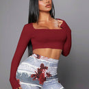 Camiseta Corta De Manga Larga Con Escote Cuadrado Para Mujer