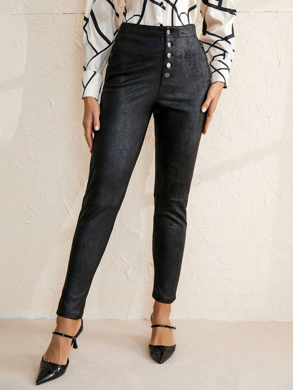 Prive Pantalones De Mujer De Pu Con Botones En La Parte De Adelante