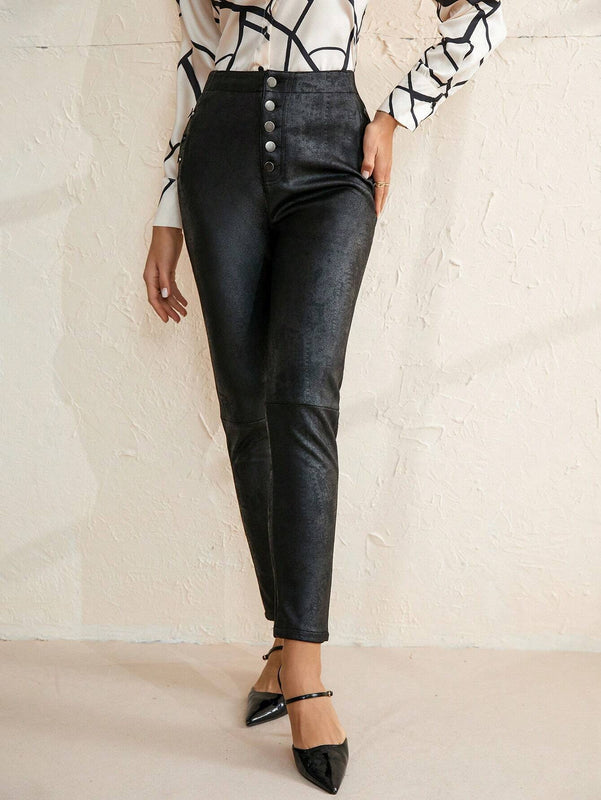 Prive Pantalones De Mujer De Pu Con Botones En La Parte De Adelante