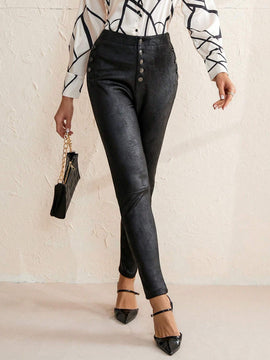Prive Pantalones De Mujer De Pu Con Botones En La Parte De Adelante
